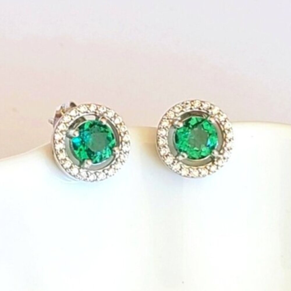 Vintage Sterling Silver Green White Crystal Solitaire Round Royal Stud Earrings